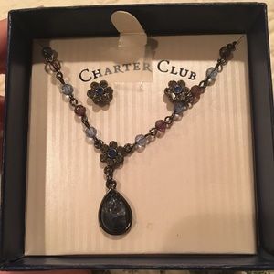 Necklace and earrings set, blue rhinestone